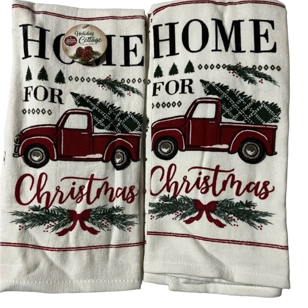 Christmas Kitchen Tea Towel Set 2 pc “Home For Christmas” Red Retro Truck Print
